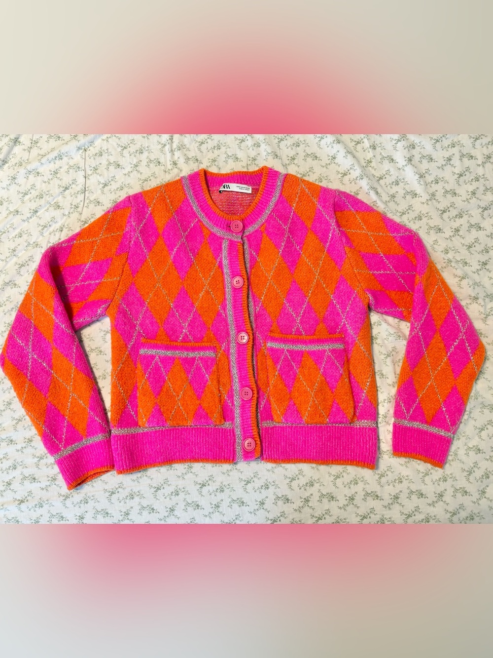ZARA Pink Orange Argyle Button Cardigan Medium